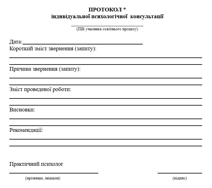 Протокол індивідуальної психологічної консультації