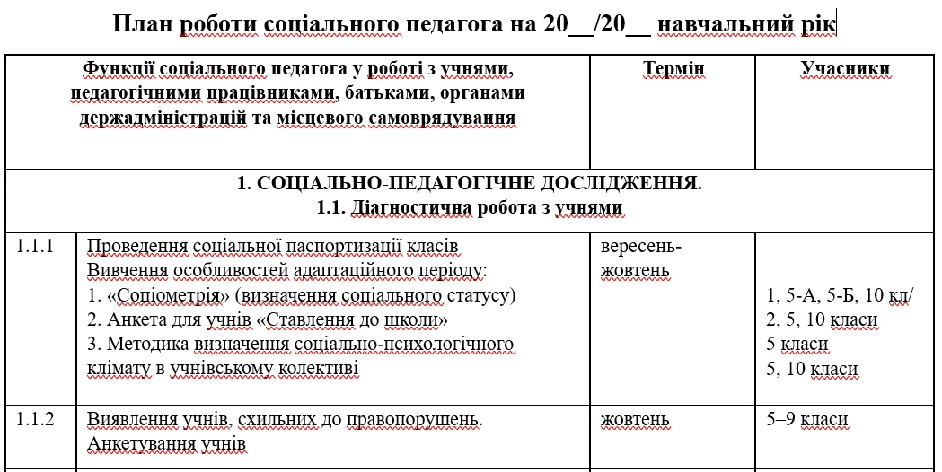 Планування роботи соціального педагога