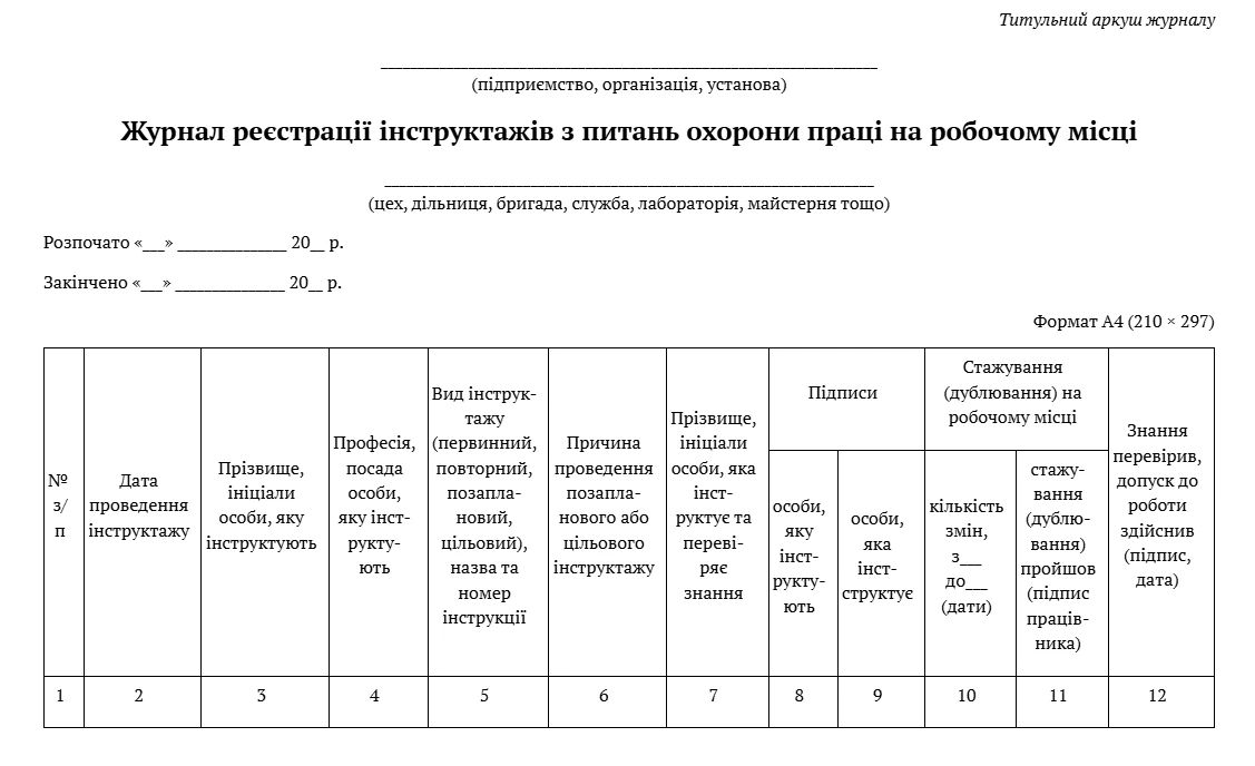 Журнал реєстрації інструктажів з охорони праці