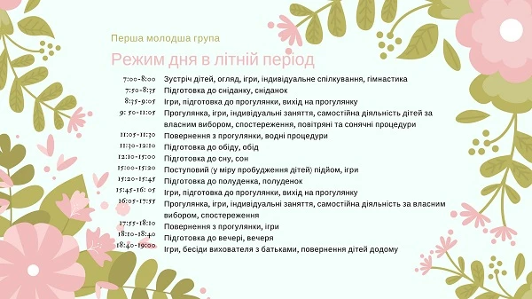 Режим дня першої молодшої групи в літній період Режим дня першої молодшої групи в літній період