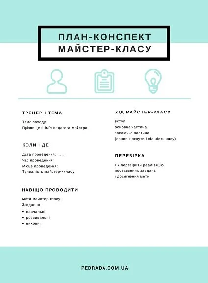 Що має бути у плані-конспекті майстер-класу інфографіка з основними складовими плану-конспекту