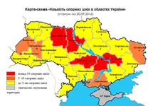 Представлено карту-схему кількості опорних шкіл в областях України